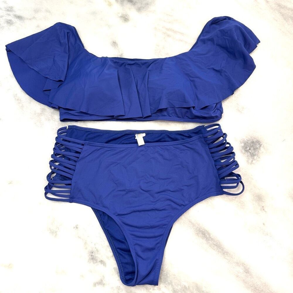 Envya Swimwear Belle Ruffle Off The Shoulder High Waisted Blue Bikini Set Sz XL